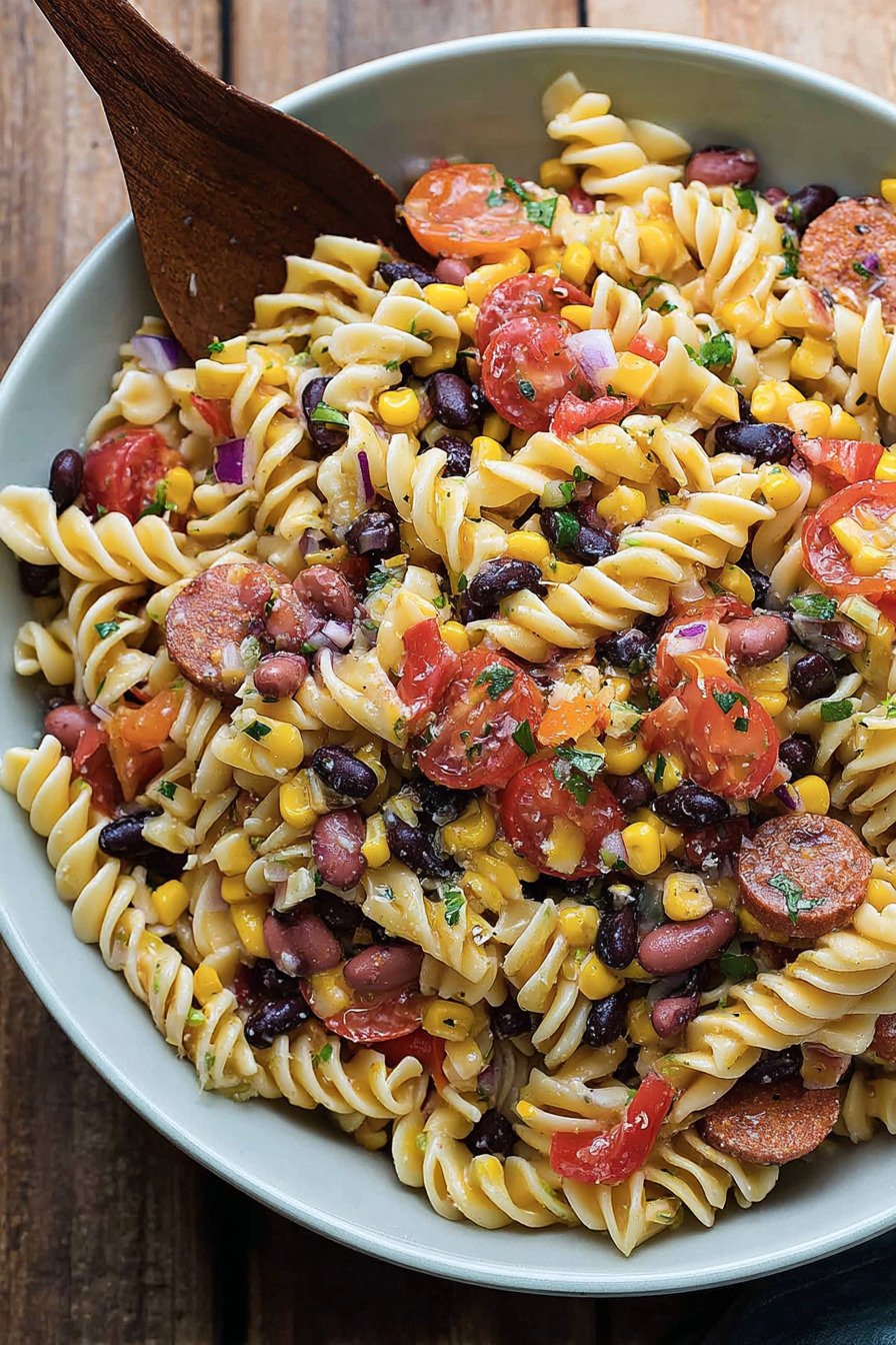 Cowboy Caviar Pasta Salad with Rotini, Beans, Corn, and Peppers recipe tips