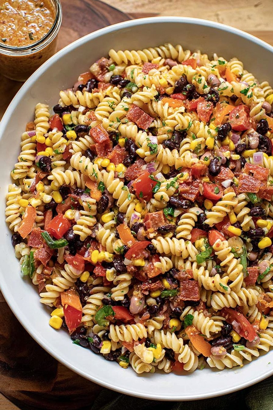Cowboy Caviar Pasta Salad with Rotini, Beans, Corn, and Peppers final result