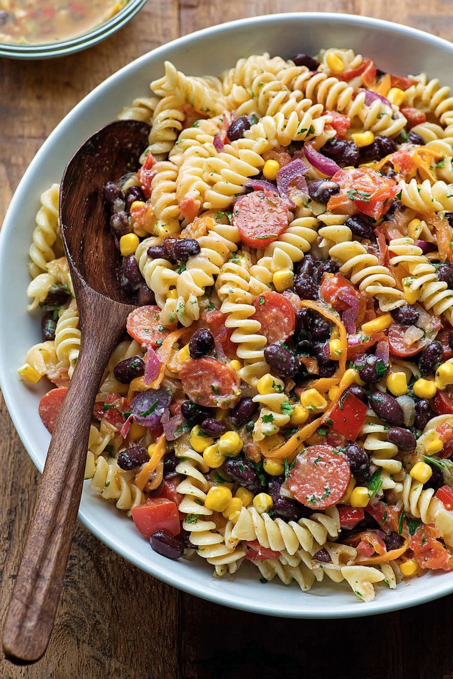 Cowboy Caviar Pasta Salad with Rotini, Beans, Corn, and Peppers extra recipe photo