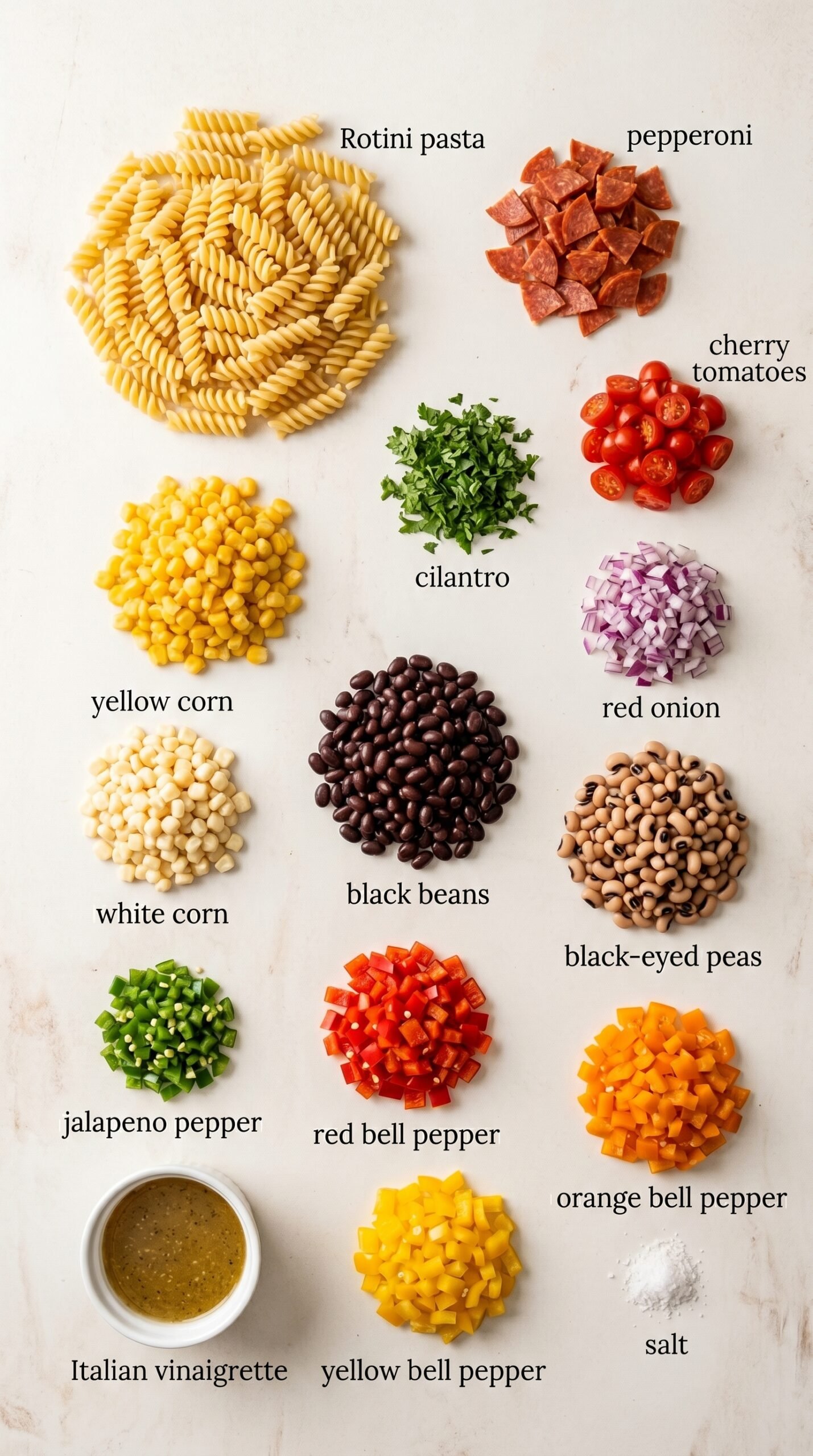 Cowboy Caviar Pasta Salad with Rotini, Beans, Corn, and Peppers recipe ingredients