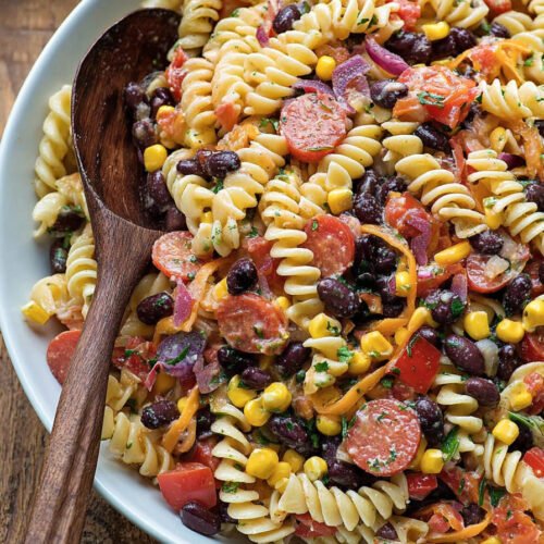 Cowboy Caviar Pasta Salad with Rotini, Beans, Corn, and Peppers extra recipe photo