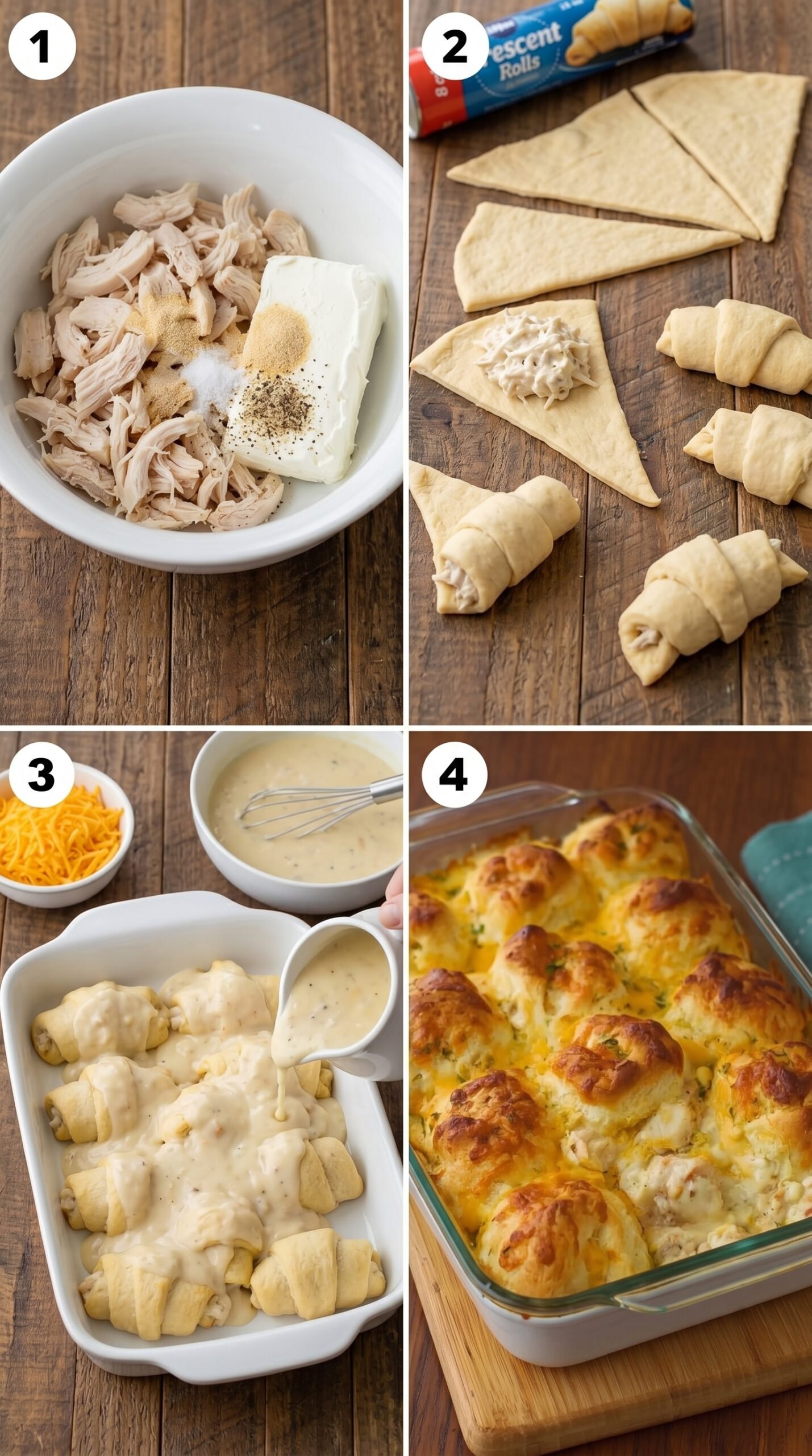 Chicken Crescent Roll Casserole with Creamy Cheddar Filling recipe instructions